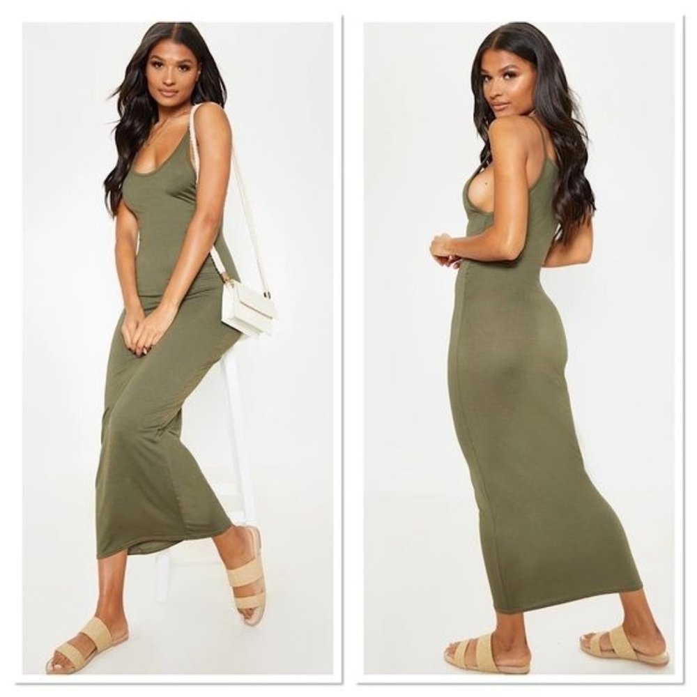 PRETTYLITTLETHING Bodycon Slip Tank Maxi Dress in Khaki Army Green Size 2 NWT